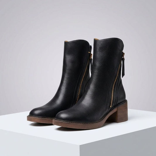 Bottines pour femme en cuir, fermeture zippée latérale et talon bloc