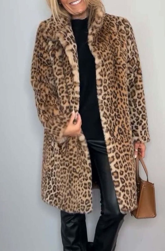 Long manteau d'hiver en fausse fourrure à imprimé léopard pour femme