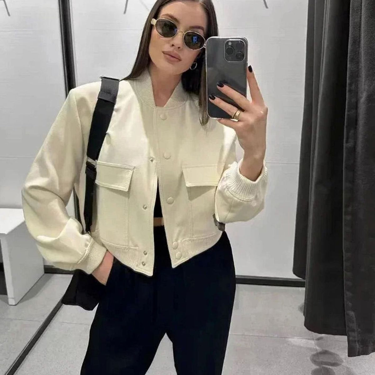 Women's Lightweight Faux Leather Bomber Jacket with Snap-Button Front and Pockets