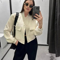 Women's Lightweight Faux Leather Bomber Jacket with Snap-Button Front and Pockets