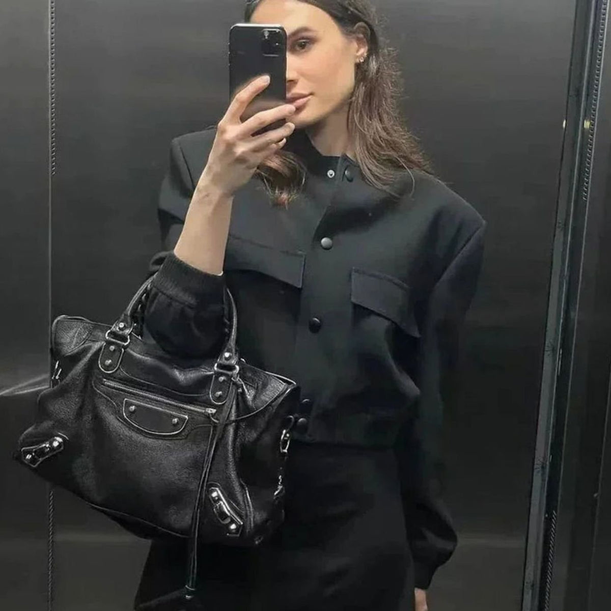 Women's Lightweight Faux Leather Bomber Jacket with Snap-Button Front and Pockets