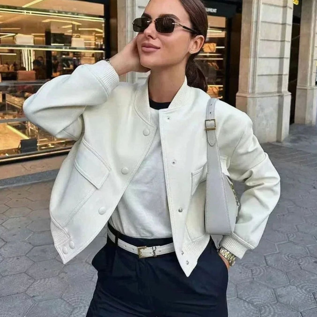 Women's Lightweight Faux Leather Bomber Jacket with Snap-Button Front and Pockets