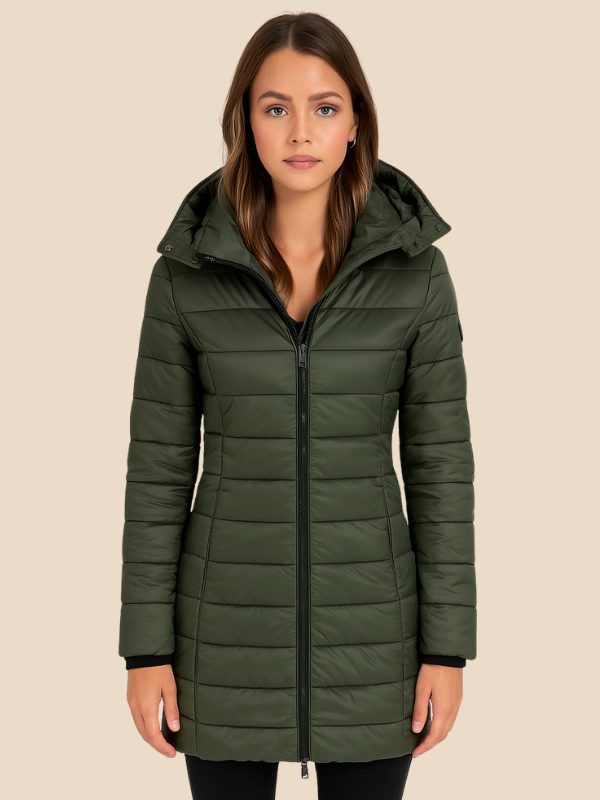 Long manteau matelassé pour femme | veste d'hiver ajustée à capuche et déperlante