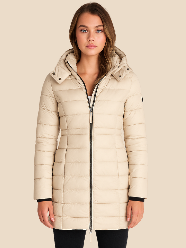 Long manteau matelassé pour femme | veste d'hiver ajustée à capuche et déperlante