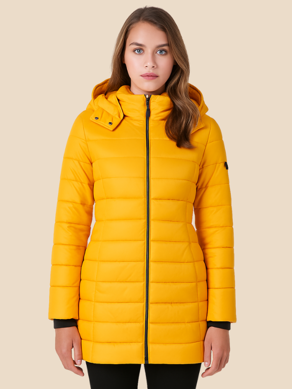 Long manteau matelassé pour femme | veste d'hiver ajustée à capuche et déperlante
