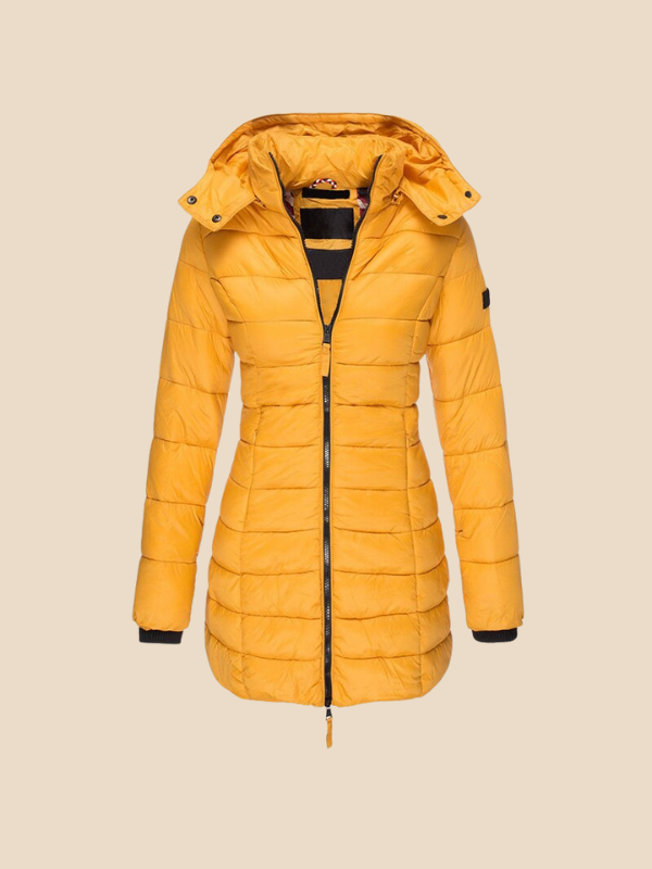 Long manteau matelassé pour femme | veste d'hiver ajustée à capuche et déperlante