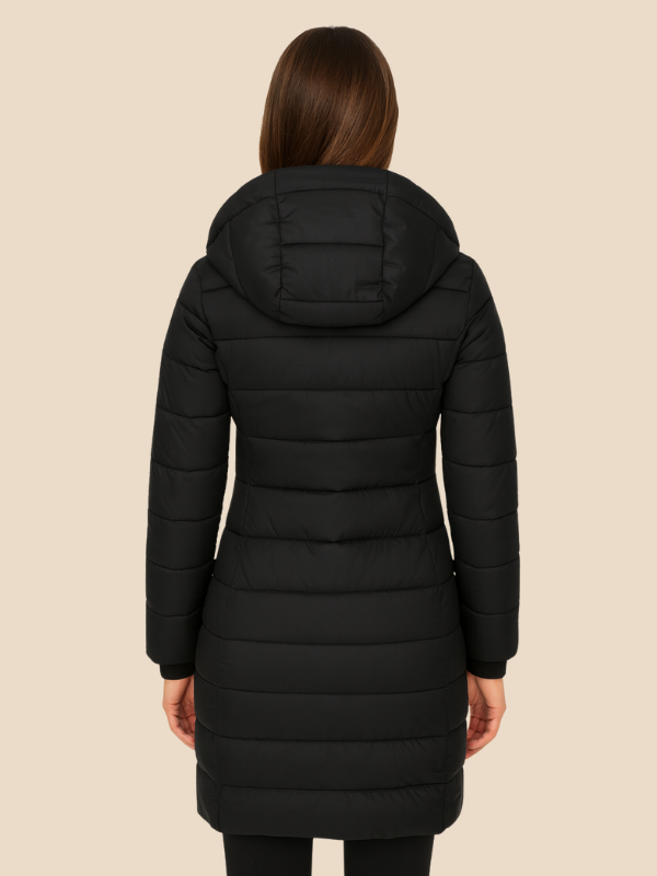 Long manteau matelassé pour femme | veste d'hiver ajustée à capuche et déperlante