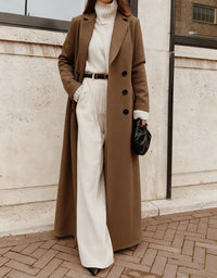 Women's Long Wool Coat – Double-Breasted with Deep Pockets