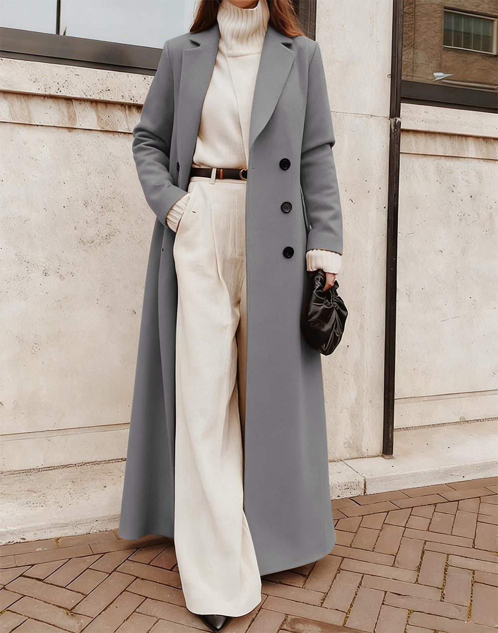 Women's Long Wool Coat – Double-Breasted with Deep Pockets