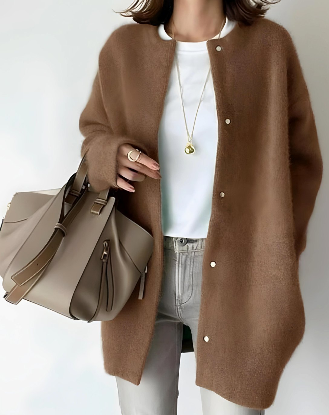 Cardigan long à col rond, coupe décontractée, avec boutons-pression, pour femme