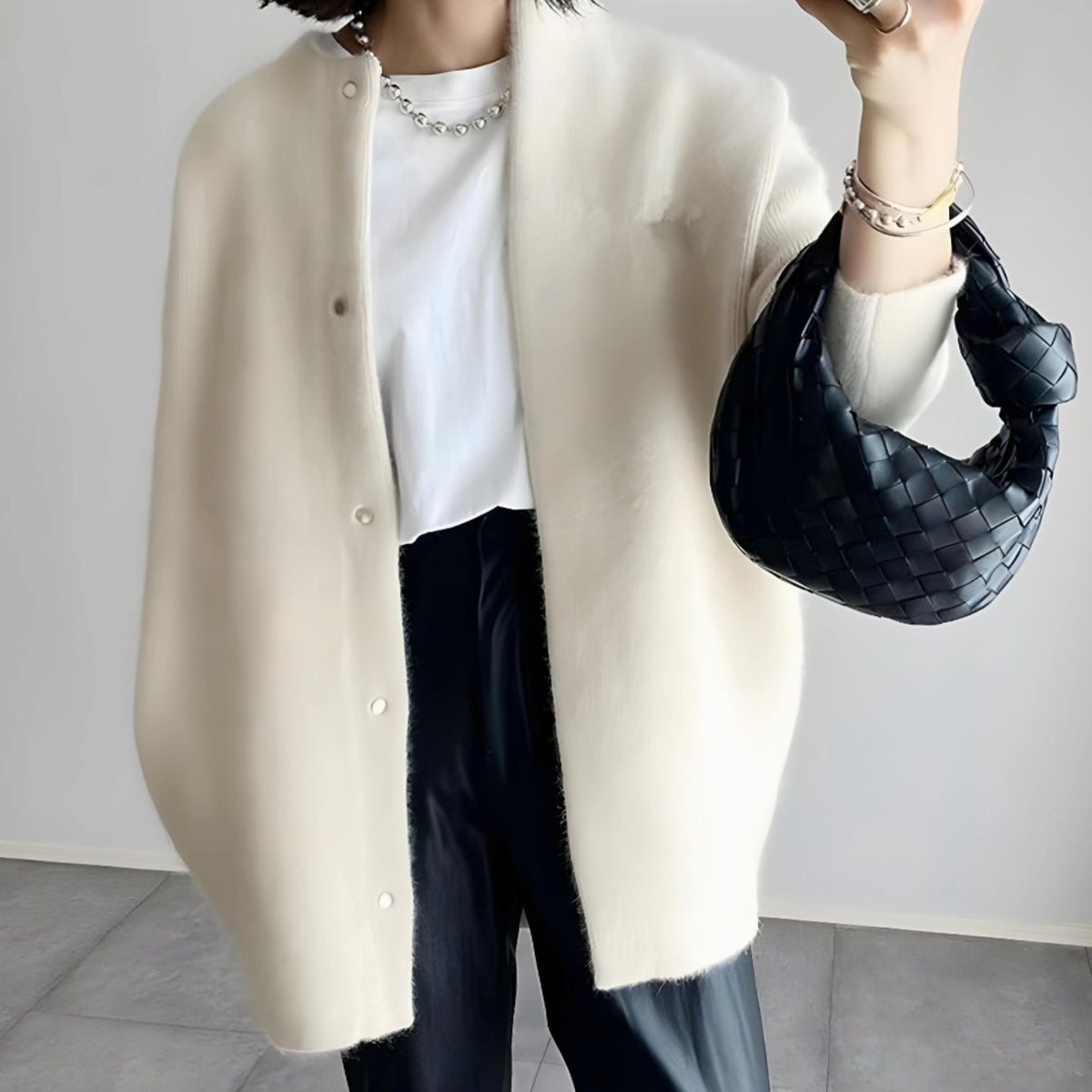 Cardigan long à col rond, coupe décontractée, avec boutons-pression, pour femme