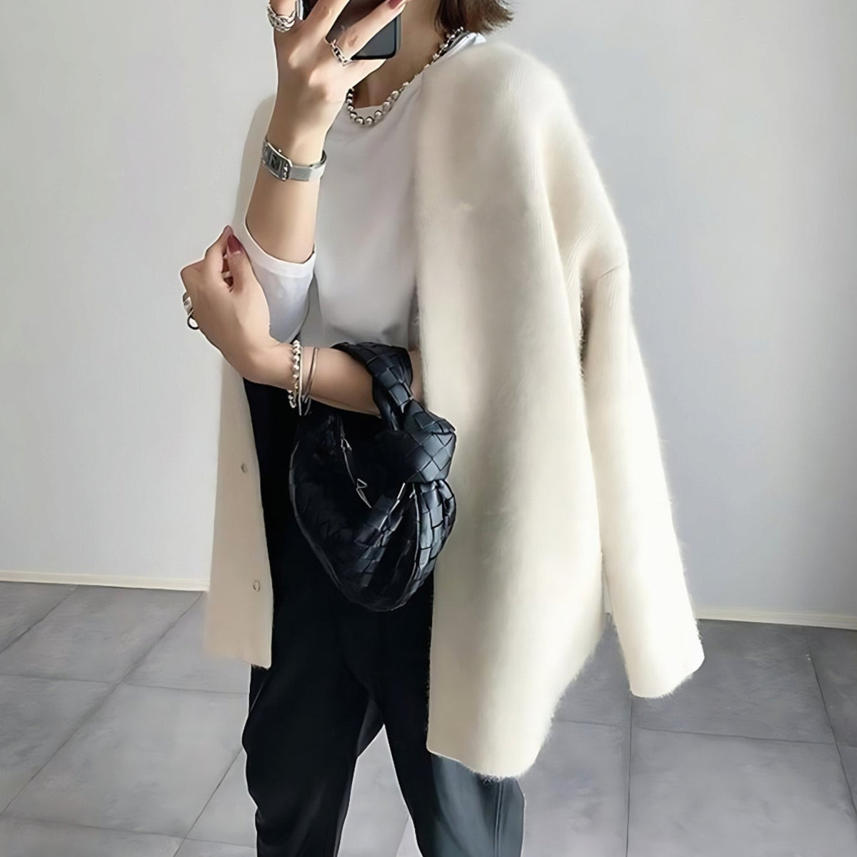 Cardigan long à col rond, coupe décontractée, avec boutons-pression, pour femme