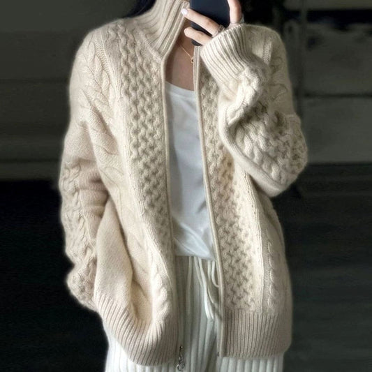 Women's Loose Cable-Knit High-Neck Zip-Up Cardigan