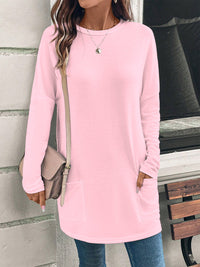 Tunique longue ample pour femme, à col rond, avec poches latérales et tissu jersey doux