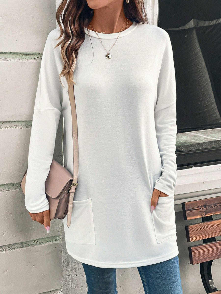 Tunique longue ample pour femme, à col rond, avec poches latérales et tissu jersey doux