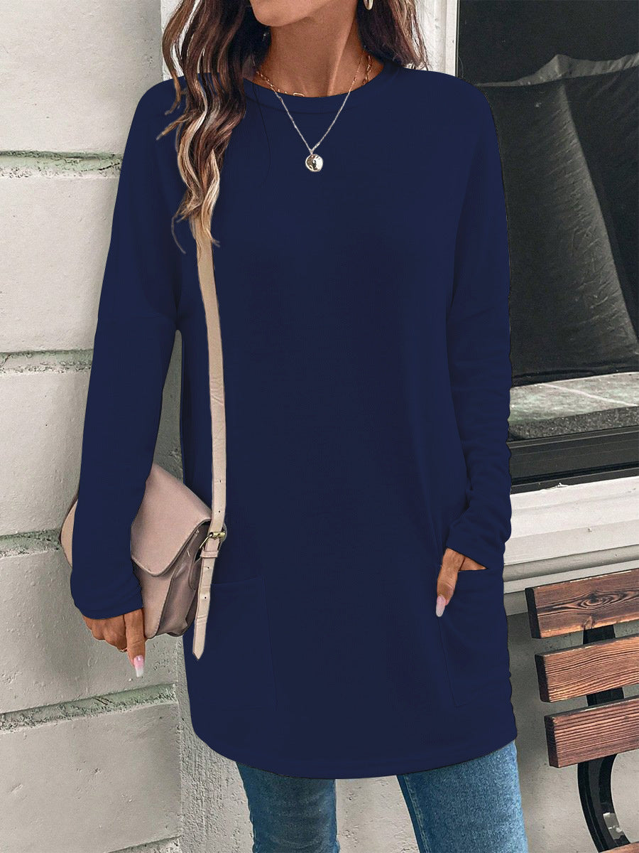 Tunique longue ample pour femme, à col rond, avec poches latérales et tissu jersey doux
