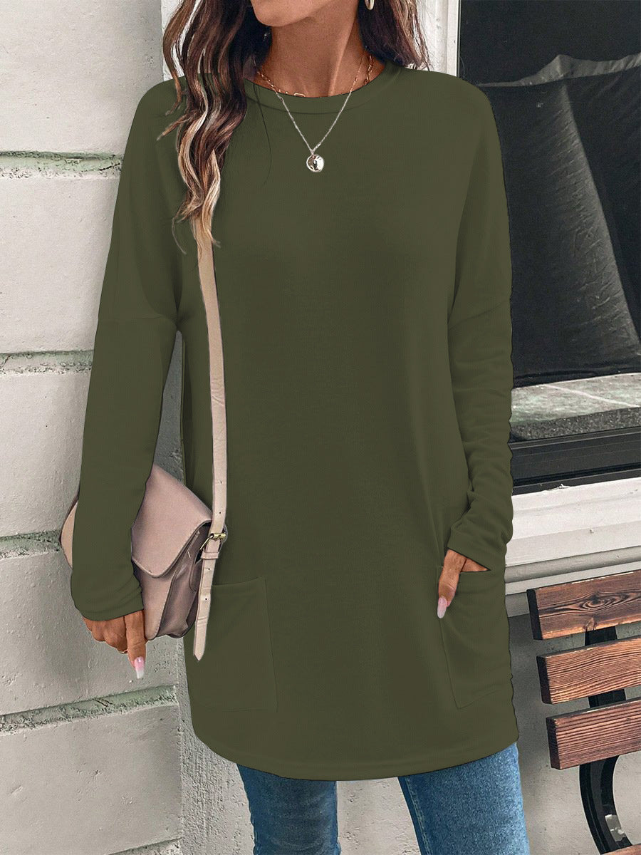 Tunique longue ample pour femme, à col rond, avec poches latérales et tissu jersey doux
