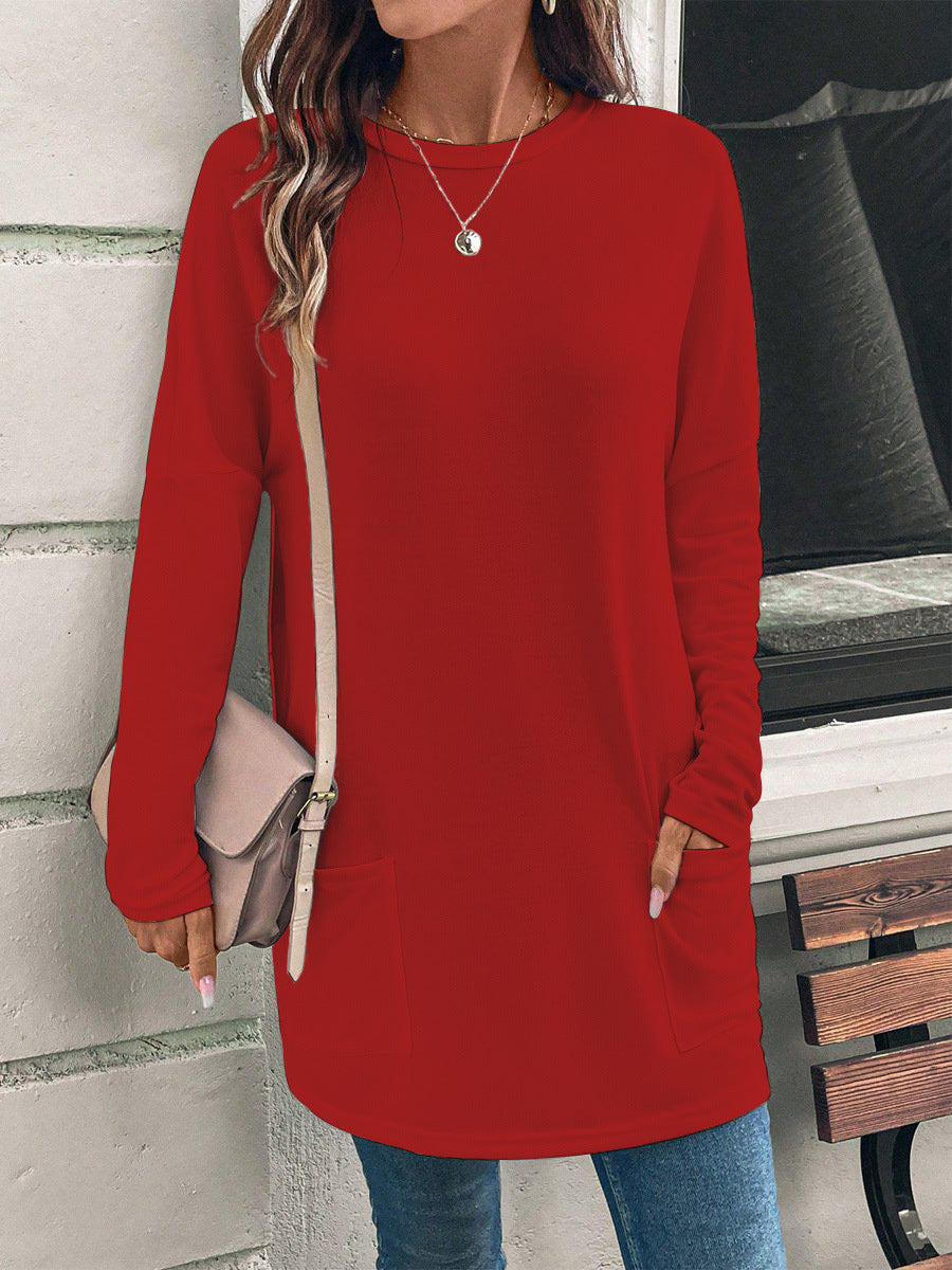 Tunique longue ample pour femme, à col rond, avec poches latérales et tissu jersey doux