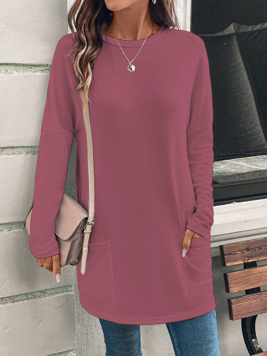 Tunique longue ample pour femme, à col rond, avec poches latérales et tissu jersey doux