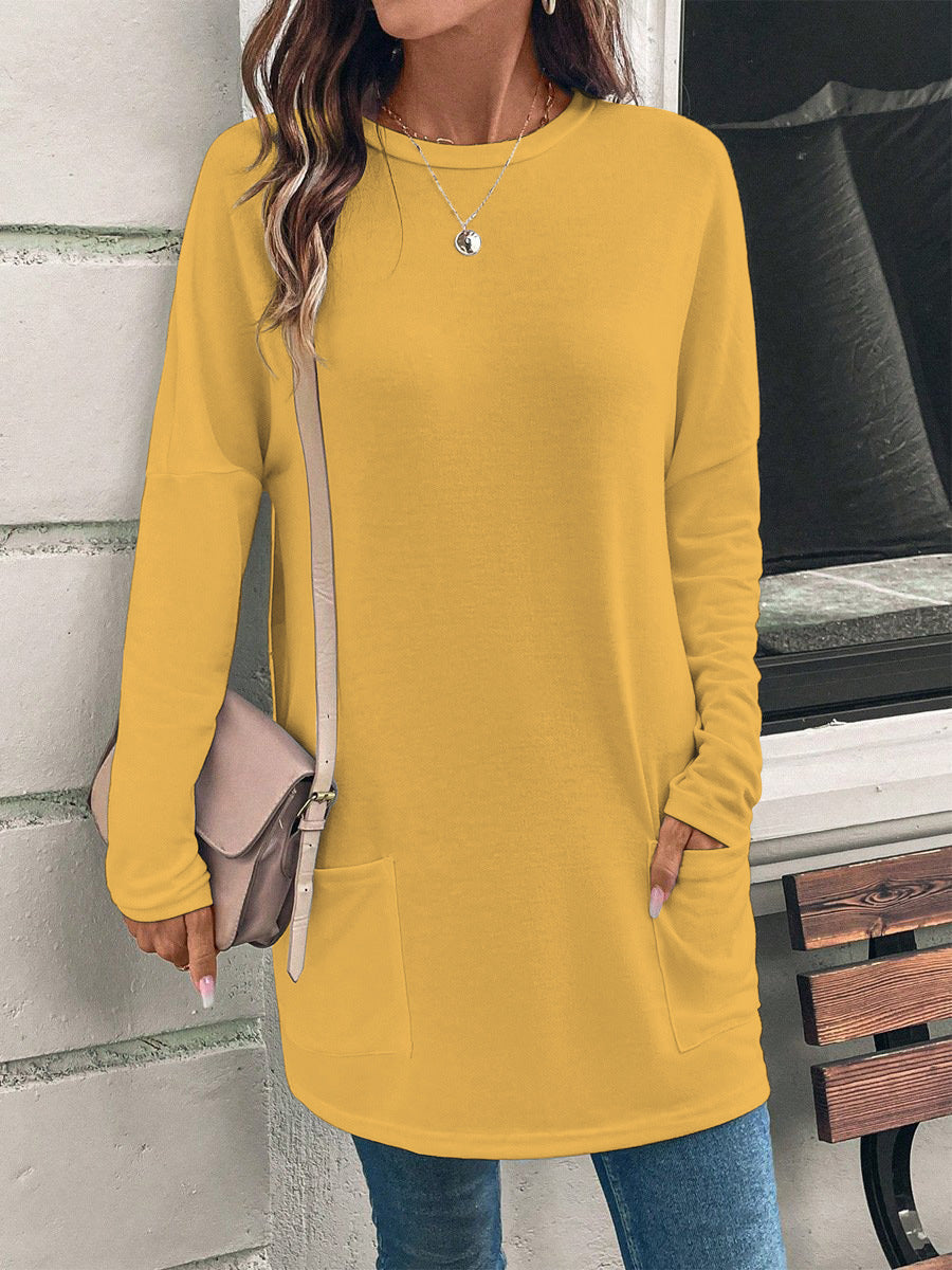 Tunique longue ample pour femme, à col rond, avec poches latérales et tissu jersey doux