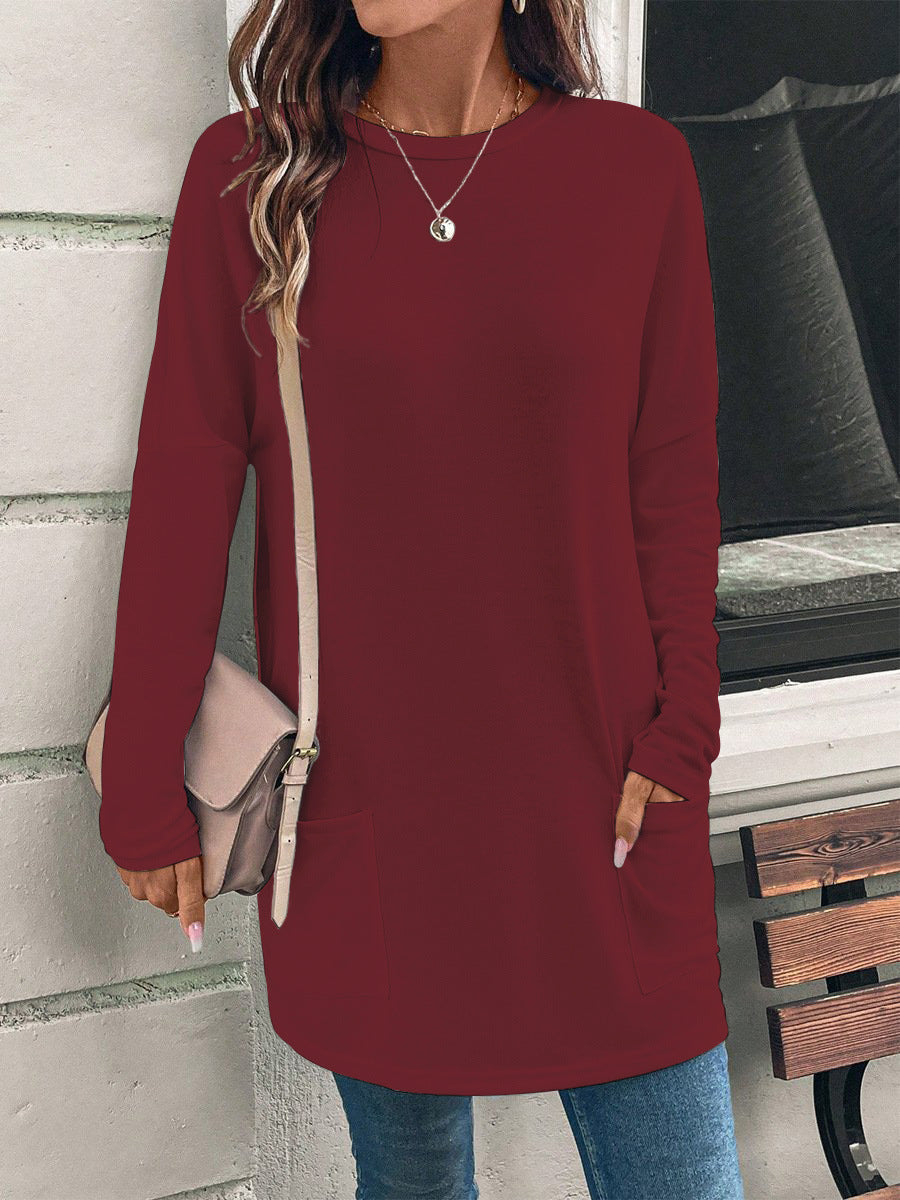 Tunique longue ample pour femme, à col rond, avec poches latérales et tissu jersey doux