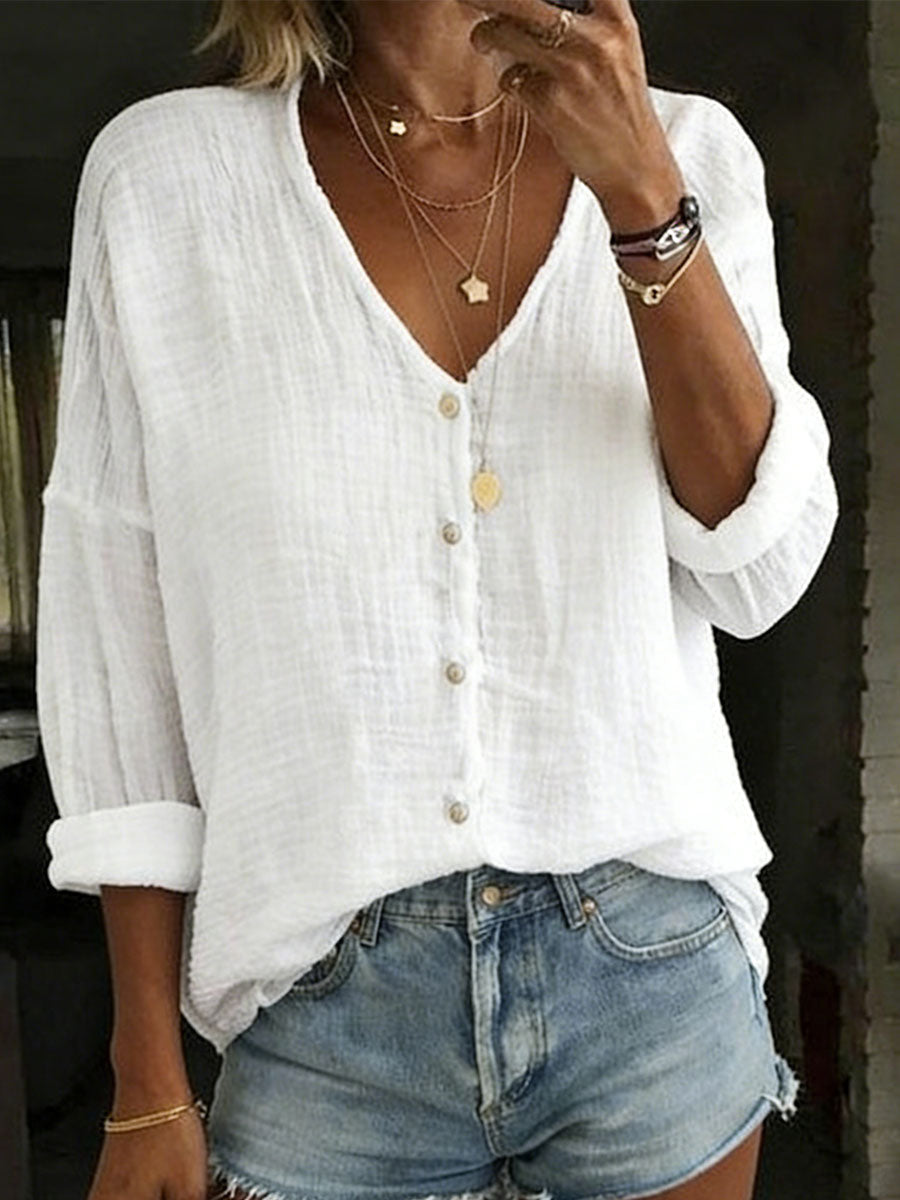 Chemise ample pour femme en coton et lin, à manches longues et de couleur unie