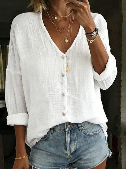 Women's Loose Solid Color Cotton-Linen Long-Sleeve Shirt
