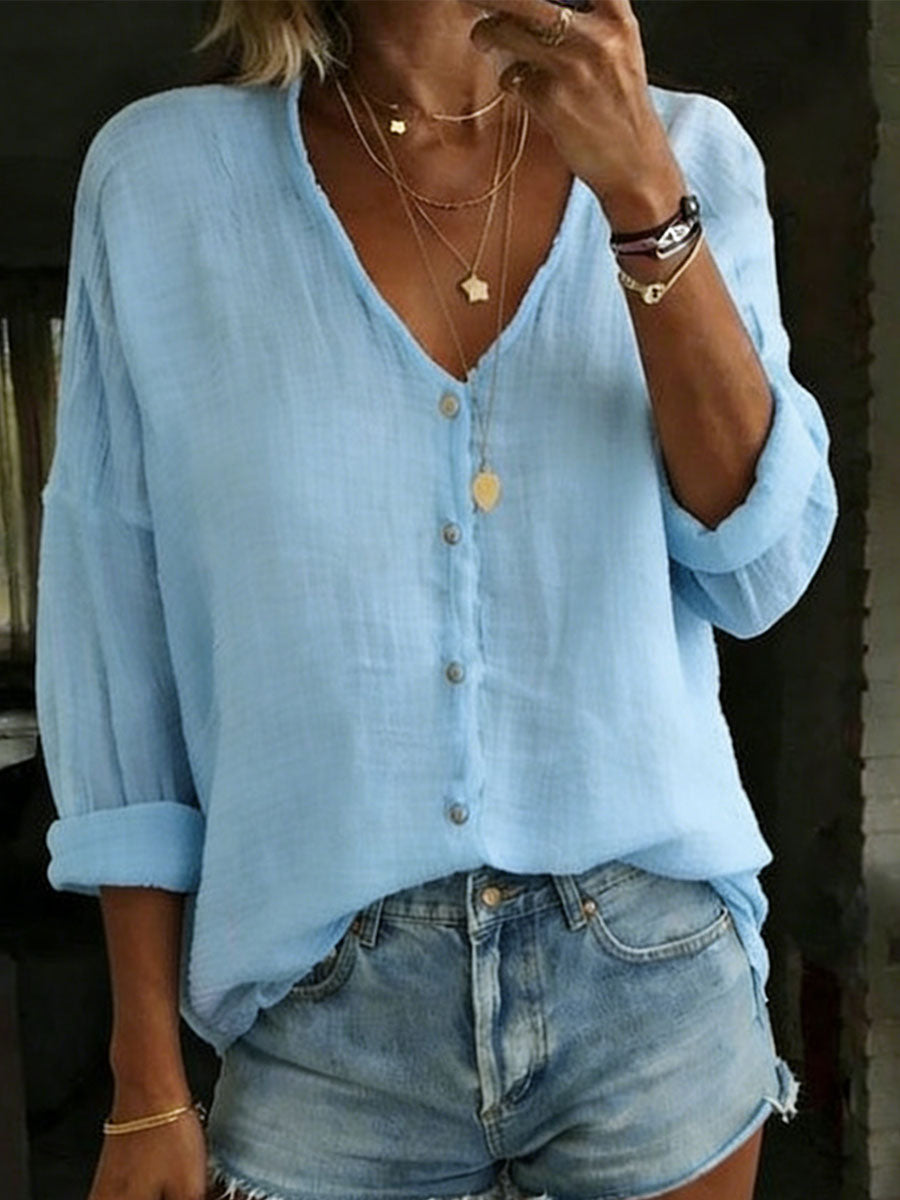 Chemise ample pour femme en coton et lin, à manches longues et de couleur unie