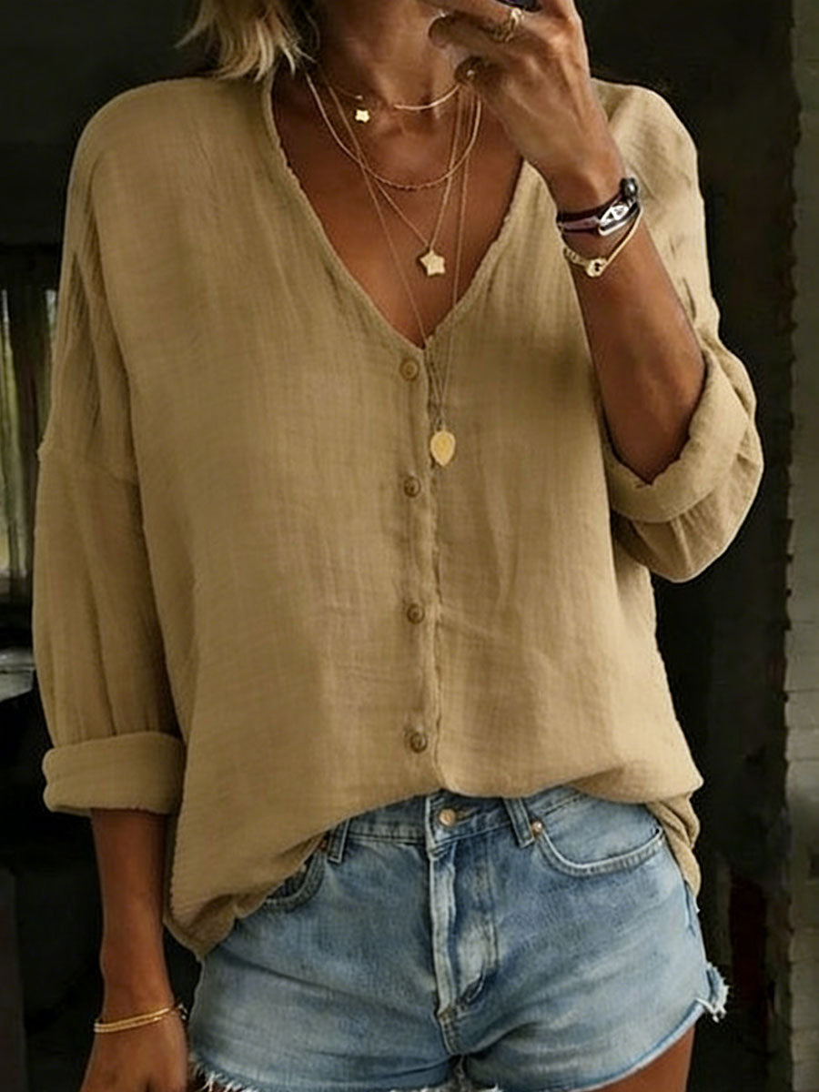 Chemise ample pour femme en coton et lin, à manches longues et de couleur unie