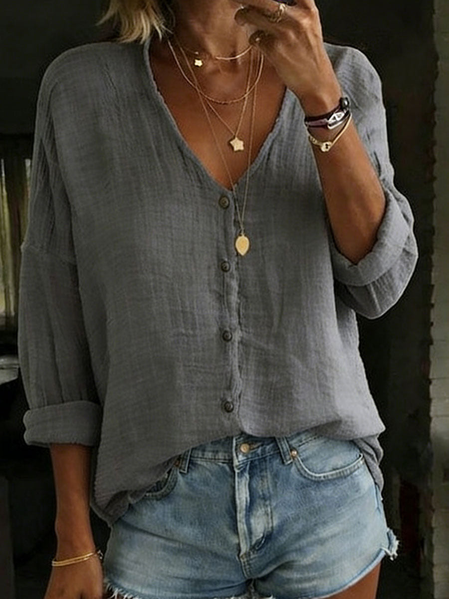 Chemise ample pour femme en coton et lin, à manches longues et de couleur unie