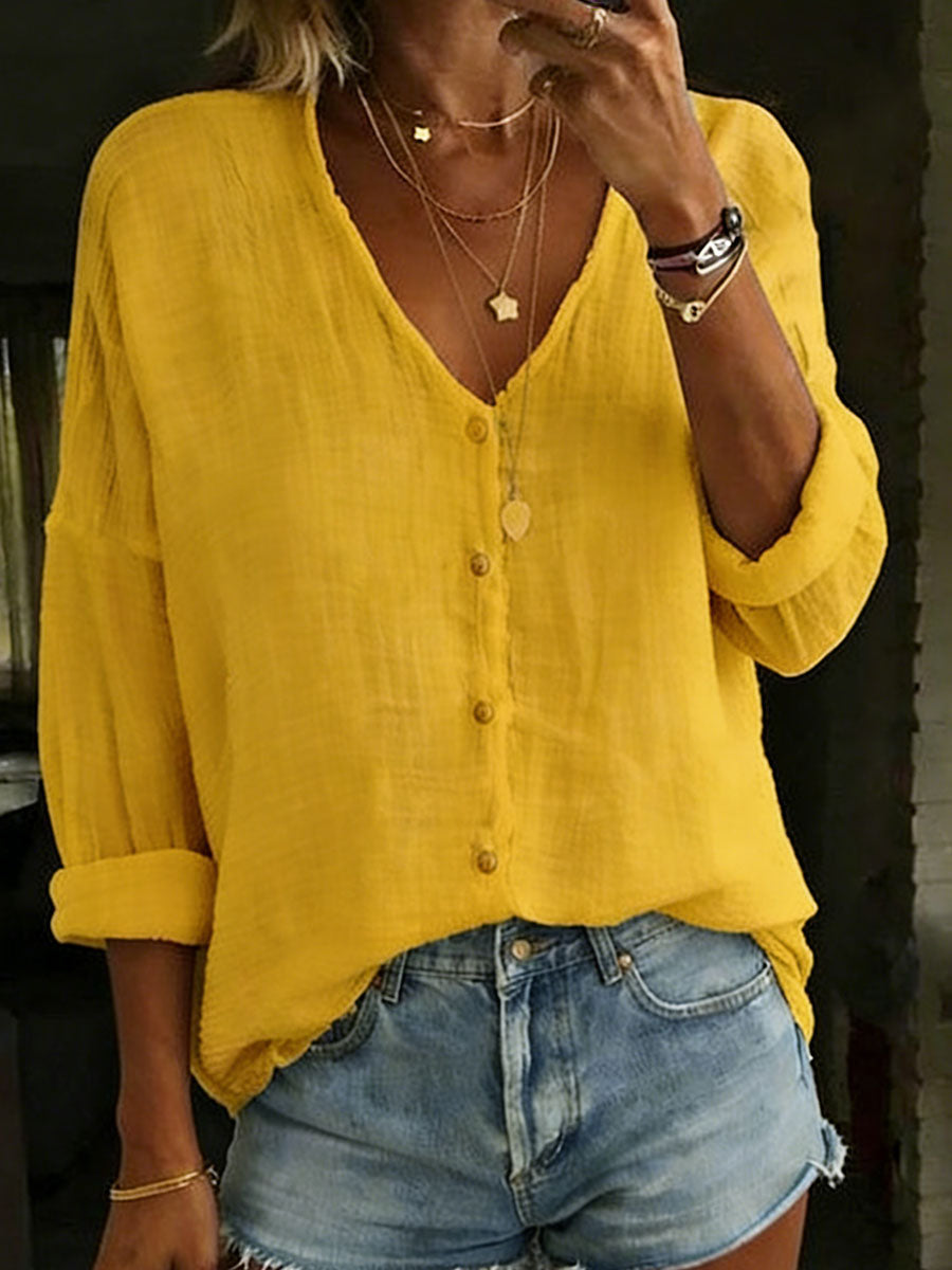 Chemise ample pour femme en coton et lin, à manches longues et de couleur unie