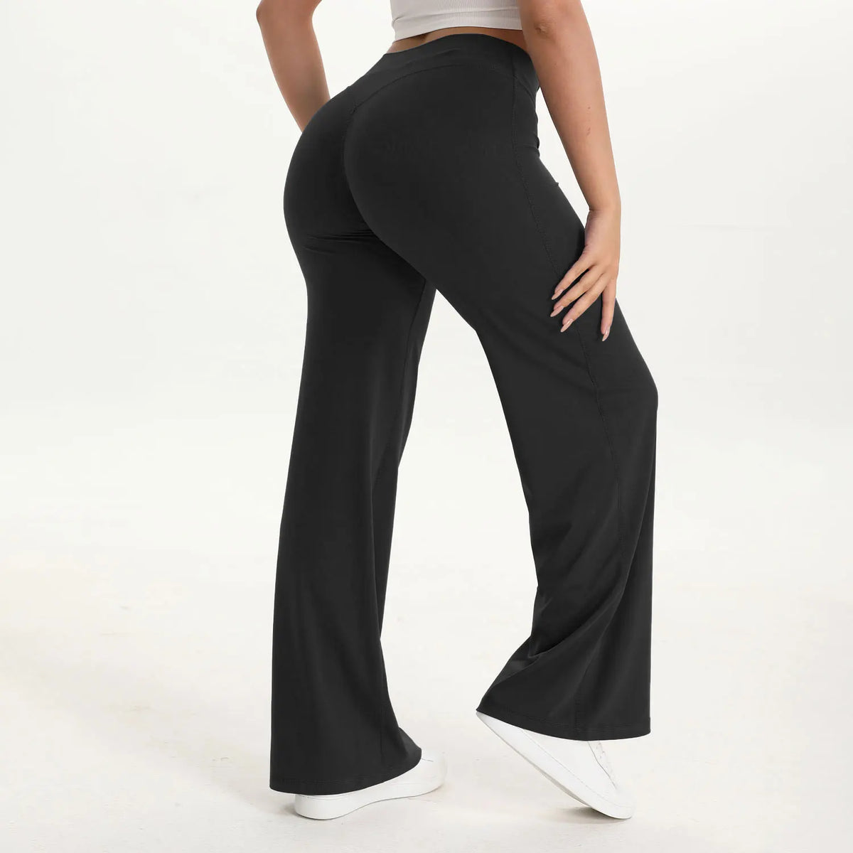 Pantalon de yoga droit taille mi-haute pour femme - Pantalon de sport et de Pilates doux en mélange de nylon et d’élasthanne