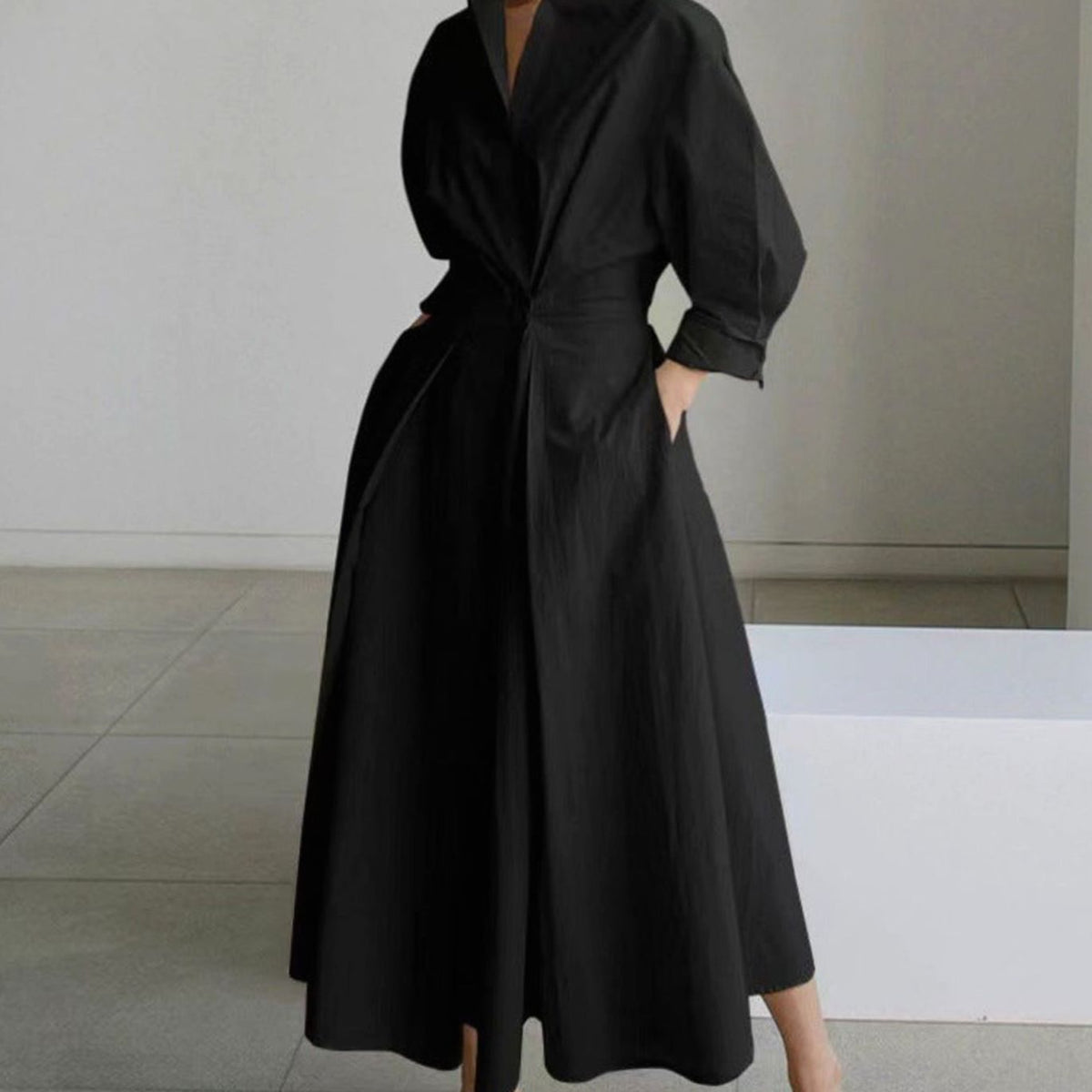 Women's Newspaper Print Collared Wrap-Front Maxi Shirt Dress