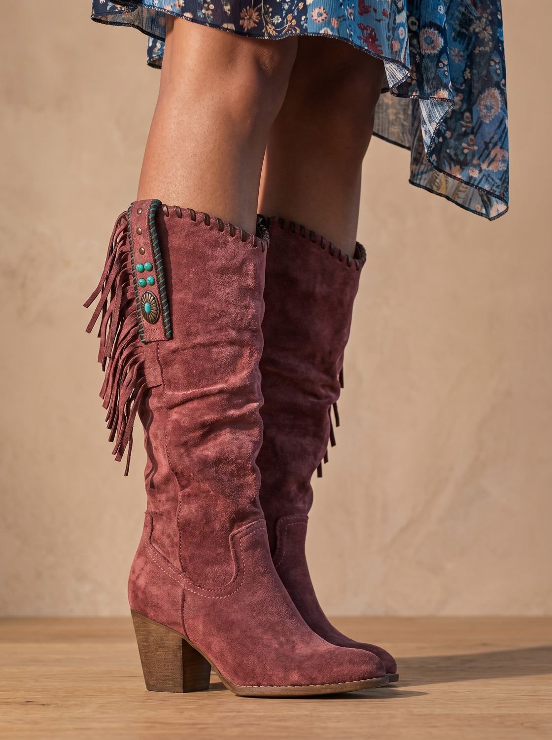 Bottes western orthopédiques à franges pour femme, montant jusqu’au genou
