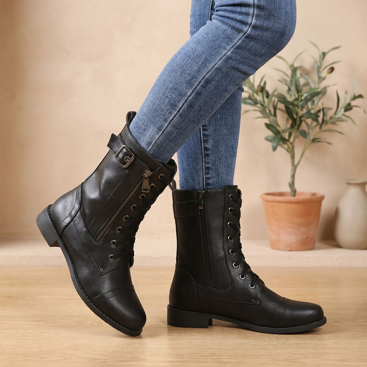 Bottes de combat à lacets pour femme, orthopédiques, à bout large
