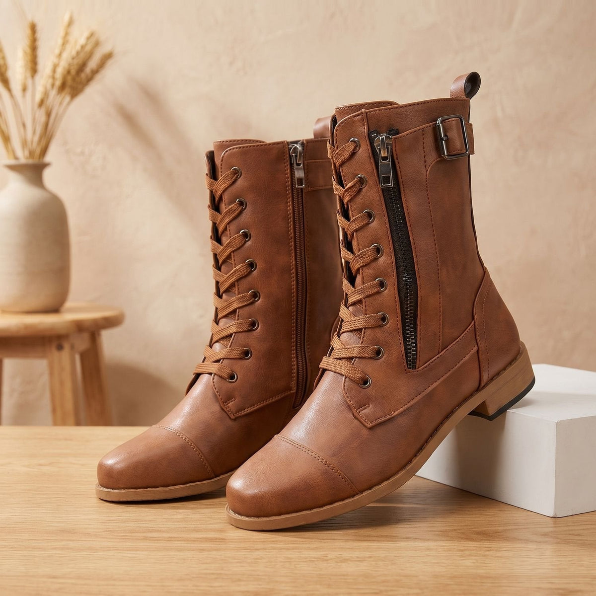 Bottes de combat à lacets pour femme, orthopédiques, à bout large