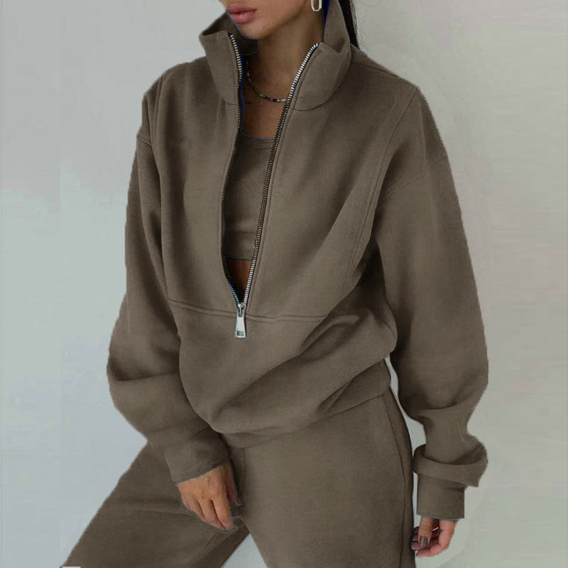 Women's Oversized Crop Half-Zip Sweatshirt and Joggers Set in Soft French Terry