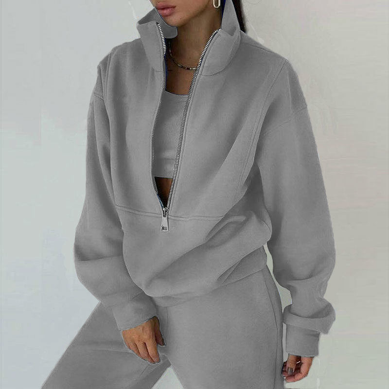 Women's Oversized Crop Half-Zip Sweatshirt and Joggers Set in Soft French Terry