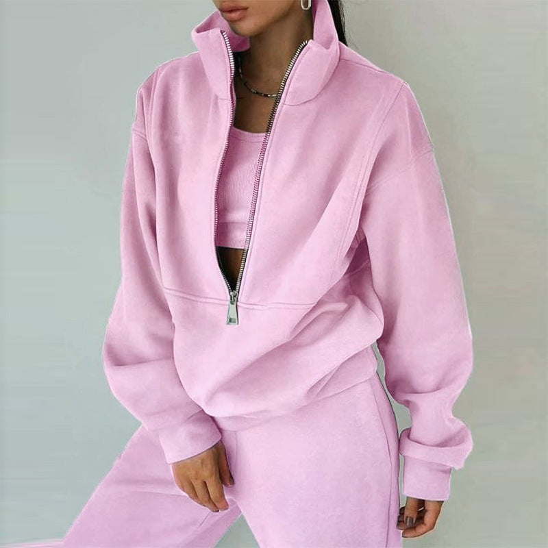 Women's Oversized Crop Half-Zip Sweatshirt and Joggers Set in Soft French Terry
