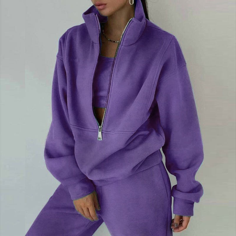 Women's Oversized Crop Half-Zip Sweatshirt and Joggers Set in Soft French Terry