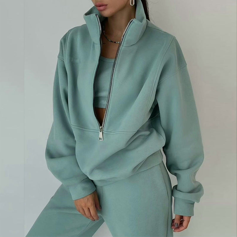 Women's Oversized Crop Half-Zip Sweatshirt and Joggers Set in Soft French Terry