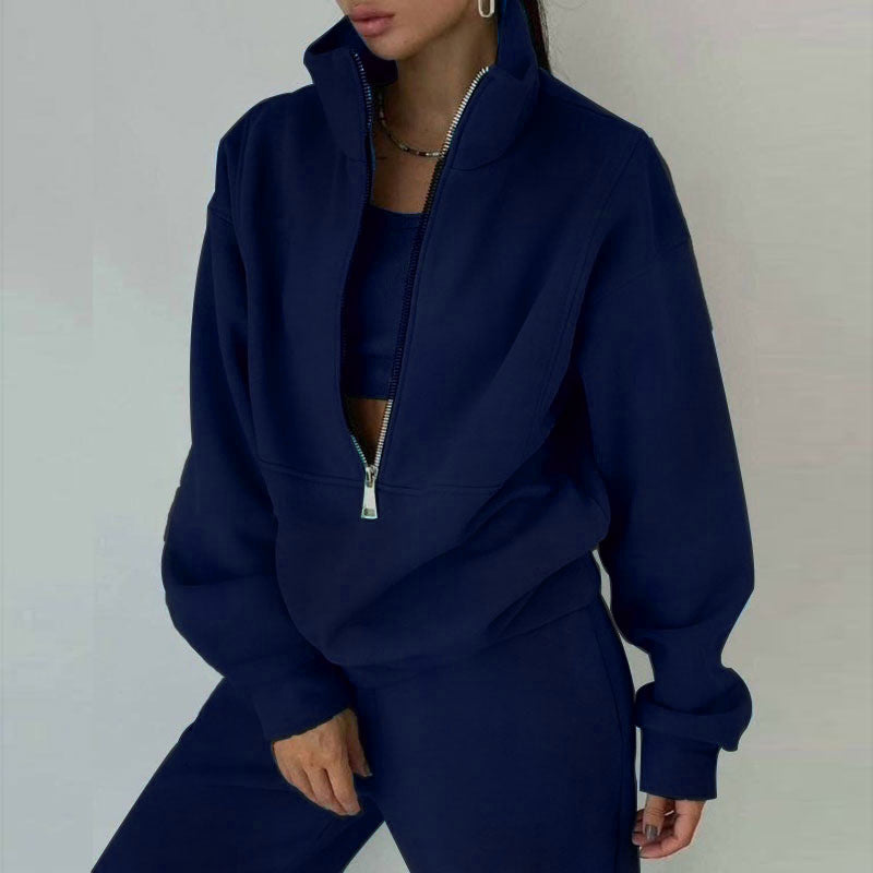 Women's Oversized Crop Half-Zip Sweatshirt and Joggers Set in Soft French Terry