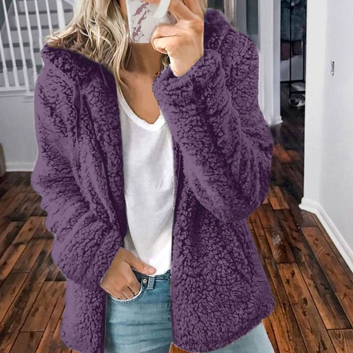 Manteau zippé oversize à capuche pour femme en polaire teddy