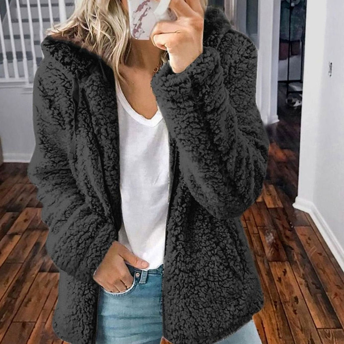 Manteau zippé oversize à capuche pour femme en polaire teddy