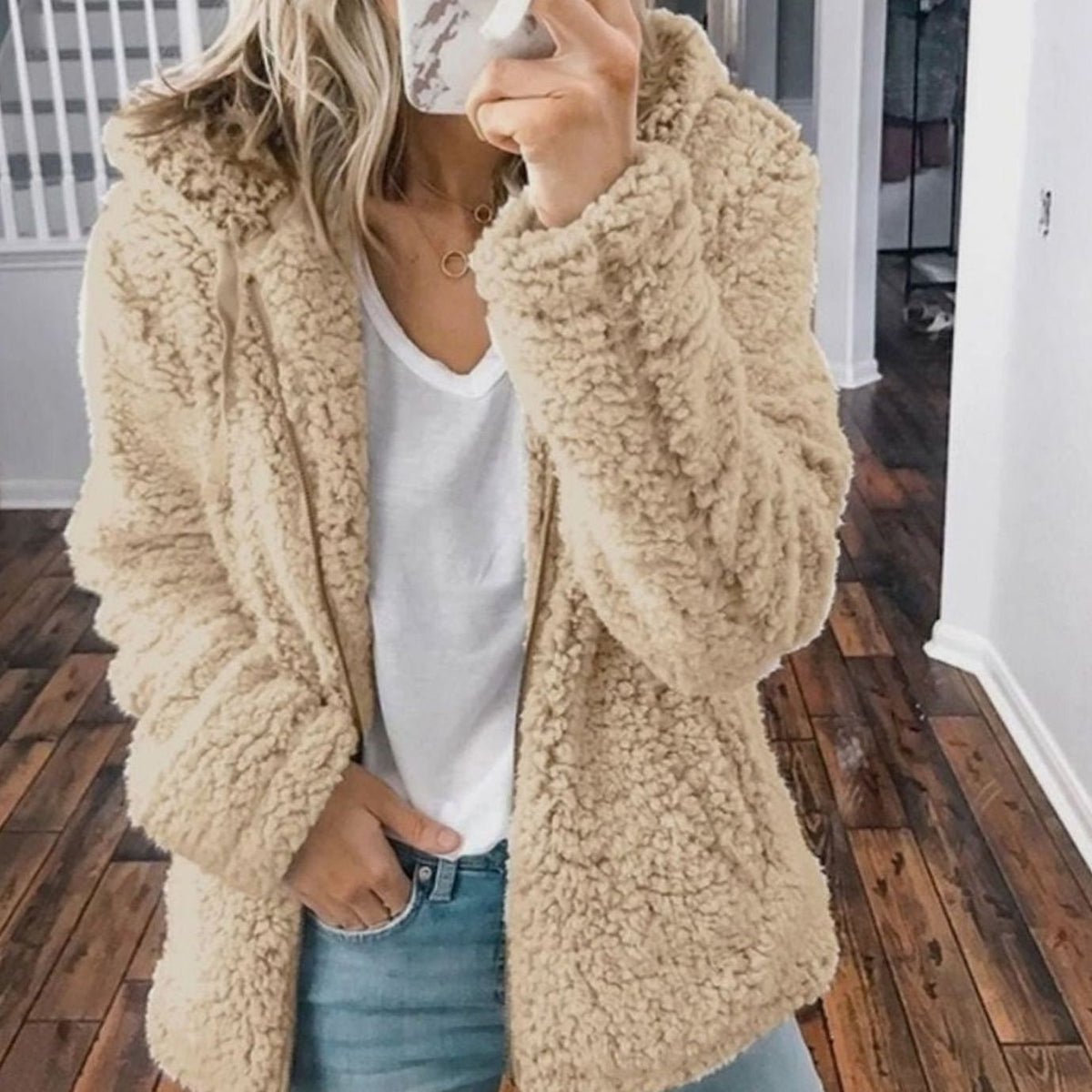 Manteau zippé oversize à capuche pour femme en polaire teddy