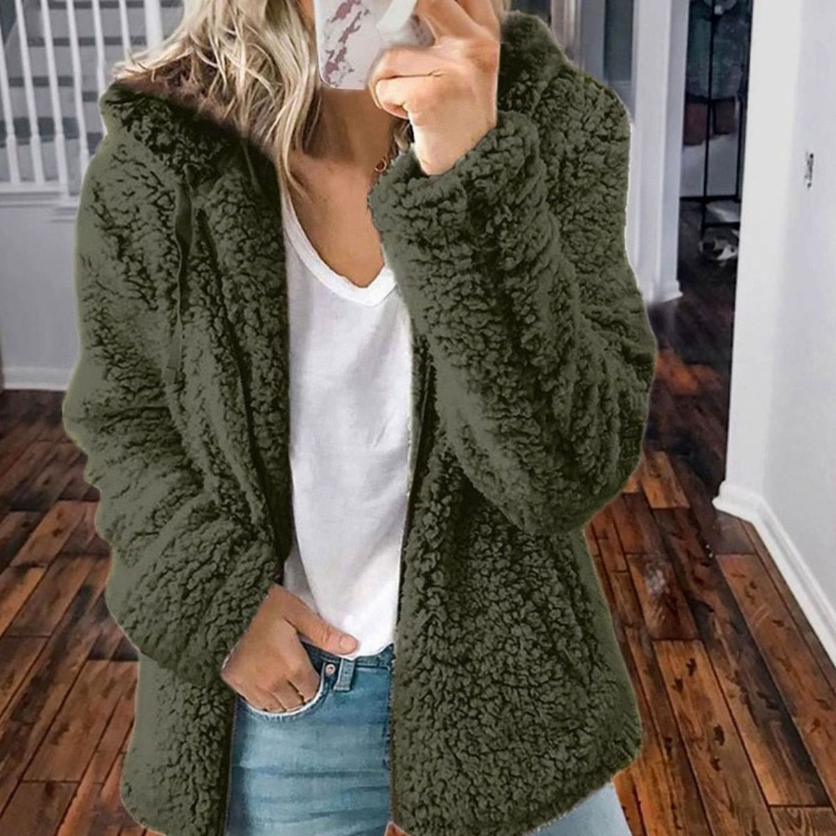Manteau zippé oversize à capuche pour femme en polaire teddy