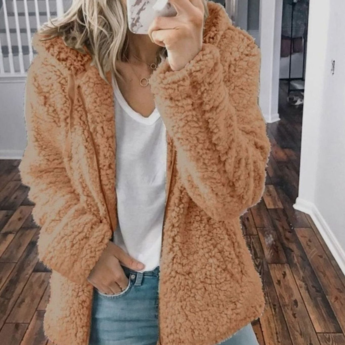Manteau zippé oversize à capuche pour femme en polaire teddy