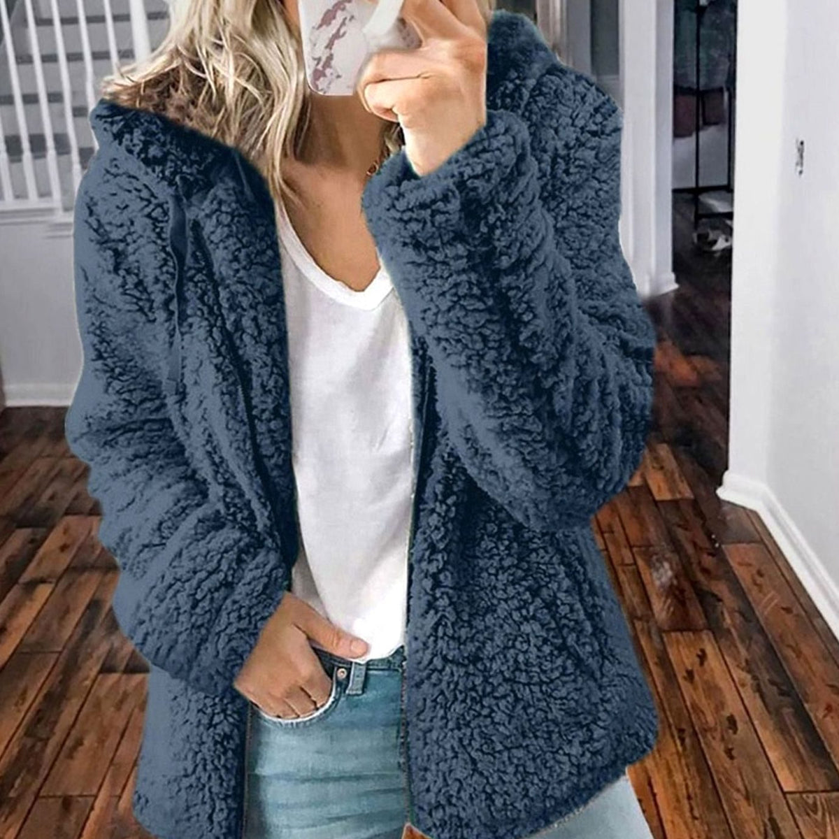 Manteau zippé oversize à capuche pour femme en polaire teddy
