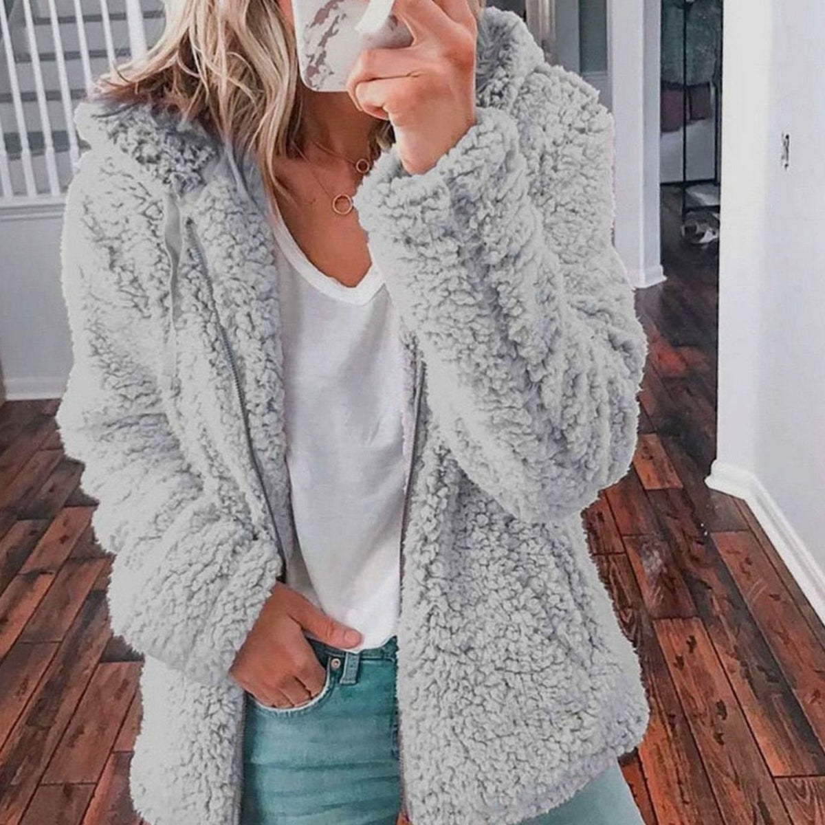 Manteau zippé oversize à capuche pour femme en polaire teddy