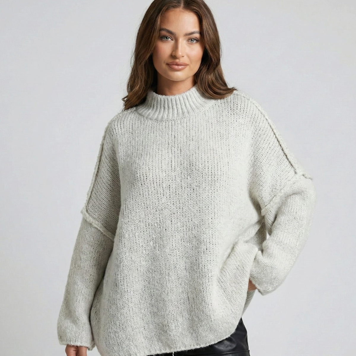 Pull oversize ample en maille ajourée à col montant pour femme